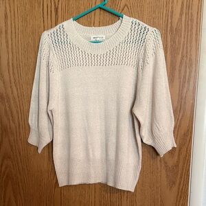 Margeaux & Ellie Cream Tan Beige Pointelle Knit Short Sleeve Crew Neck Sweater M